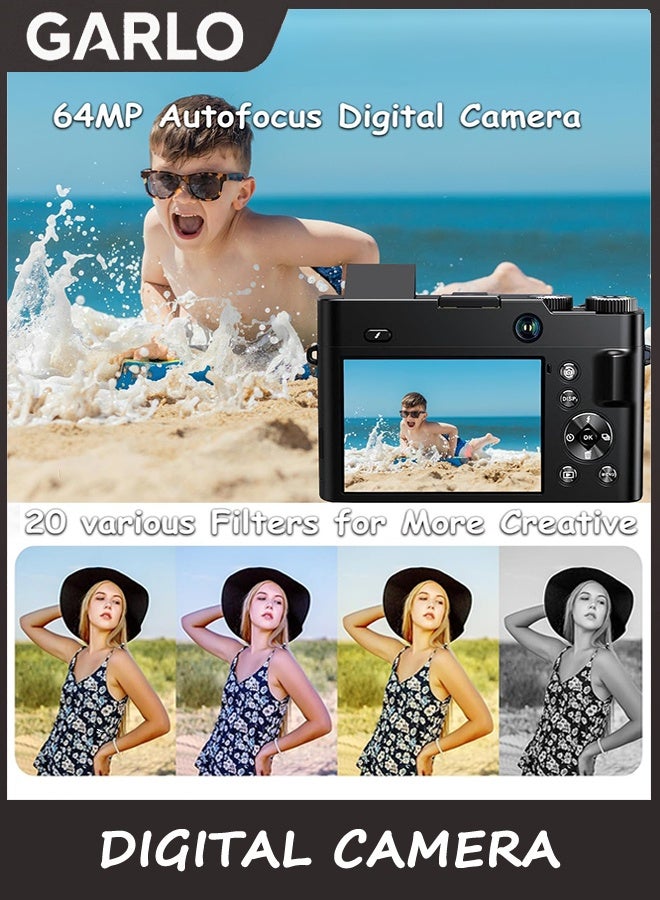 جارلو كاميرا رقمية 4K ، 64MP كاميرا للتصوير الفوتوغرافي والفيديو التركيز التلقائي المضادة للاهتزاز ، 3 '' Selfie Flip Vlogging كاميرا مع فلاش ، بطاقة 32GB ، الكاميرات الأمامية والخلفية مع Dial 16X Zoom - Image 3