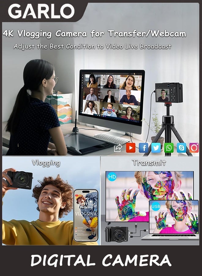 جارلو كاميرا رقمية 4K ، 64MP كاميرا للتصوير الفوتوغرافي والفيديو التركيز التلقائي المضادة للاهتزاز ، 3 '' Selfie Flip Vlogging كاميرا مع فلاش ، بطاقة 32GB ، الكاميرات الأمامية والخلفية مع Dial 16X Zoom - Image 2