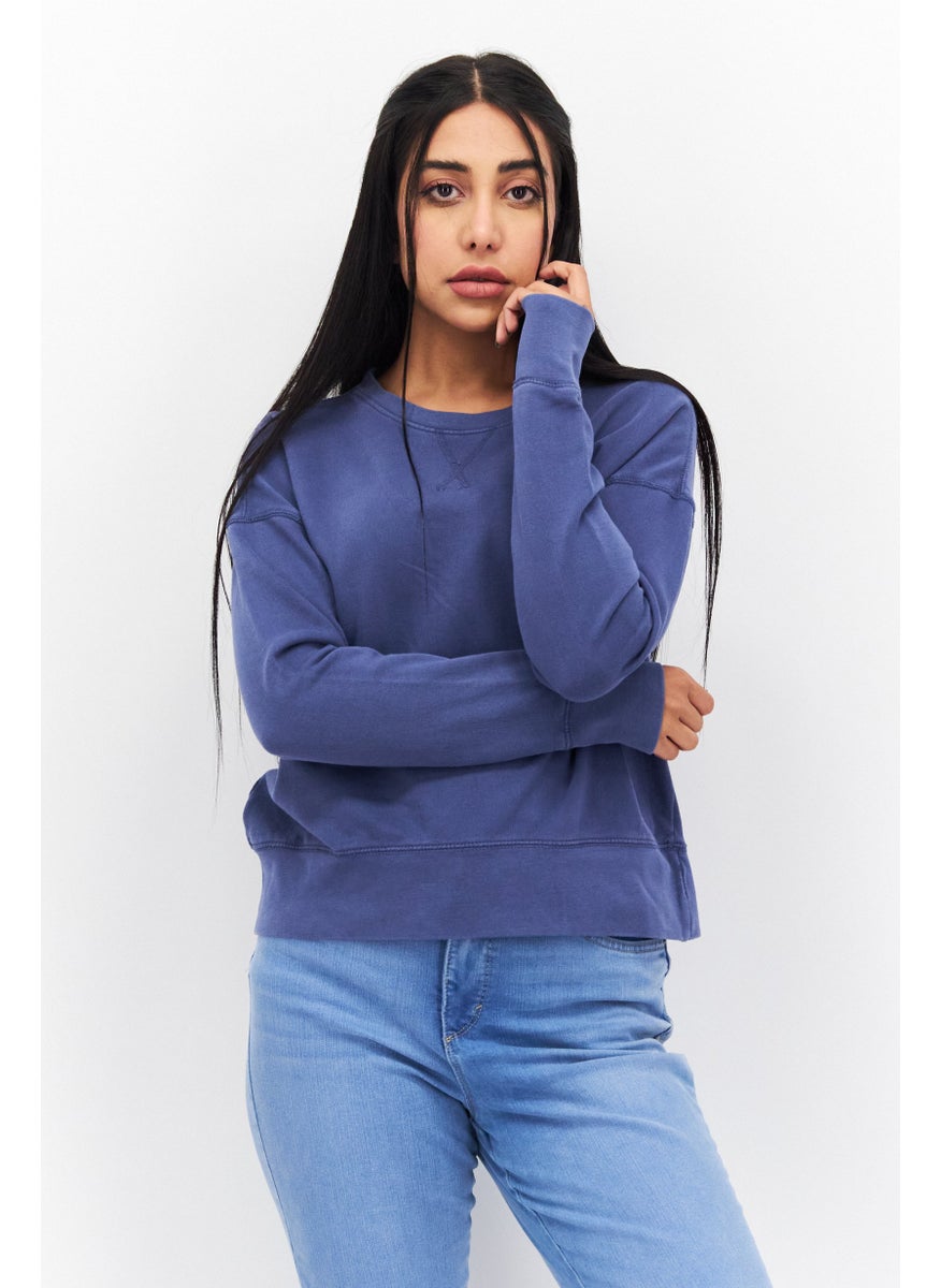 Weatherproof Women Crew Neck Long Sleeves Plain Sweatshirt, Navy Blue  - Image 1