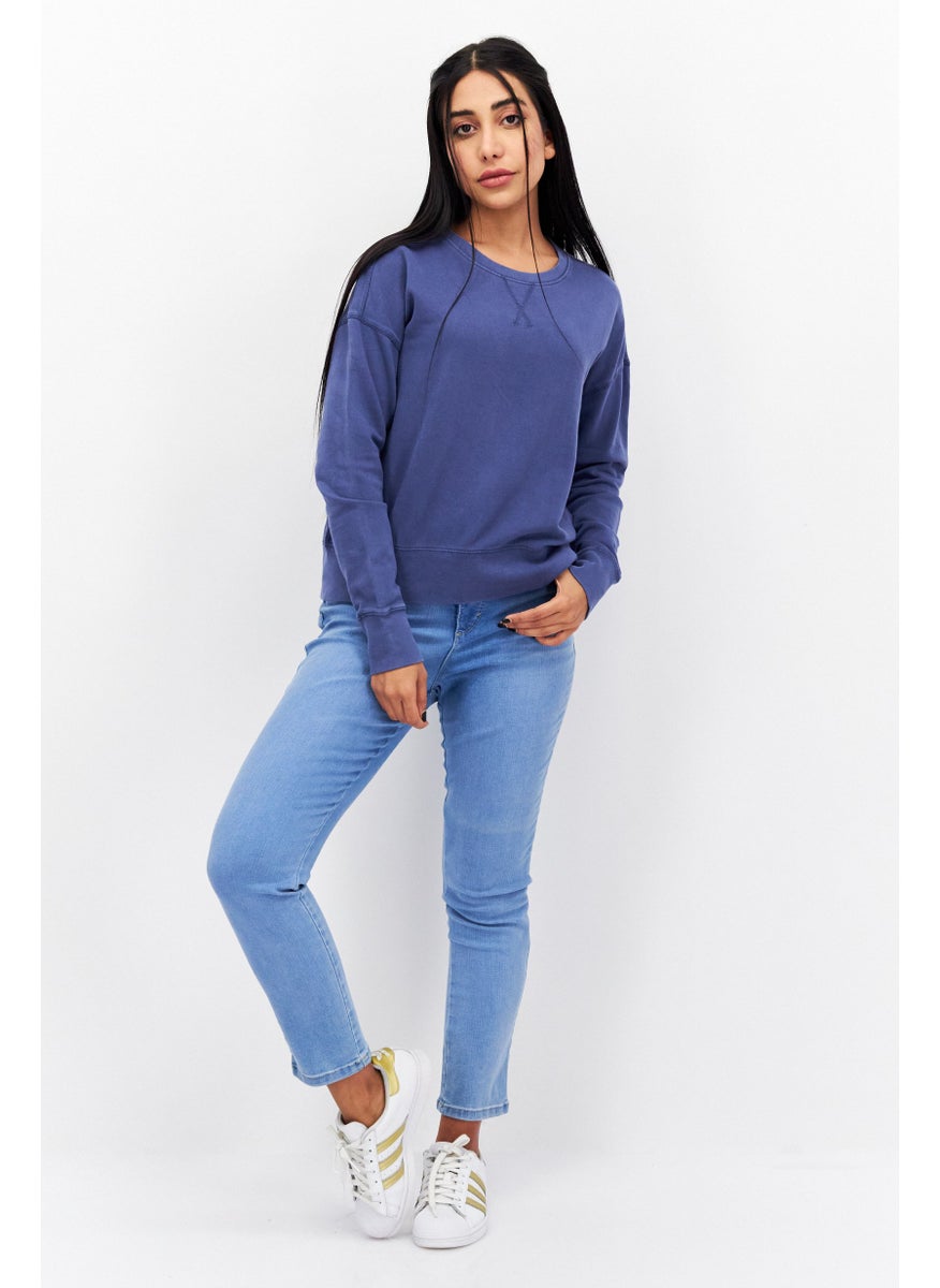 Weatherproof Women Crew Neck Long Sleeves Plain Sweatshirt, Navy Blue  - Image 2