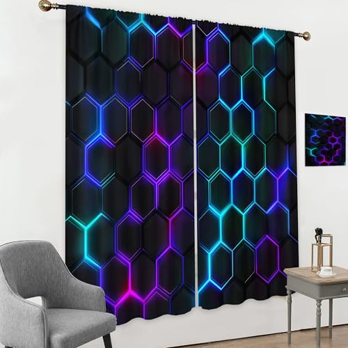 Mitpok Kids Black Neon Printed Curtains for Boys Bedroom 42Wx63H Inch Rod Pocket Cool Neon 3D Hexagon Geometric Modern Men Boy Game Room 2 Panel Window Treatment Set for Living Room Decor - Image 4