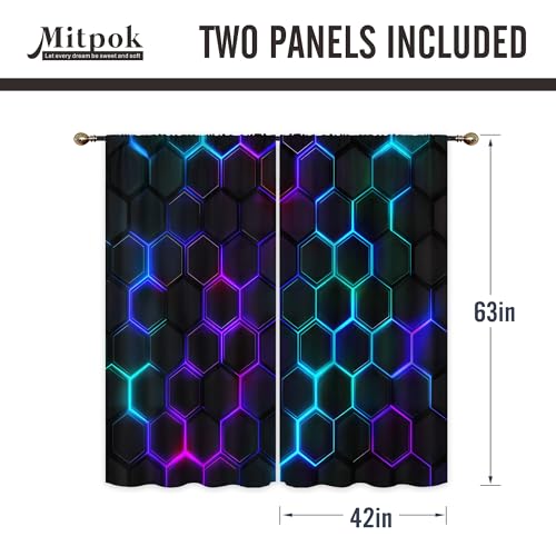 Mitpok Kids Black Neon Printed Curtains for Boys Bedroom 42Wx63H Inch Rod Pocket Cool Neon 3D Hexagon Geometric Modern Men Boy Game Room 2 Panel Window Treatment Set for Living Room Decor - Image 5