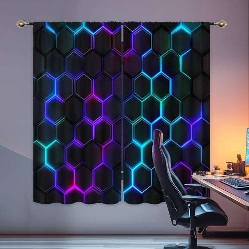 Mitpok Kids Black Neon Printed Curtains for Boys Bedroom 42Wx63H Inch Rod Pocket Cool Neon 3D Hexagon Geometric Modern Men Boy Game Room 2 Panel Window Treatment Set for Living Room Decor - Image 2