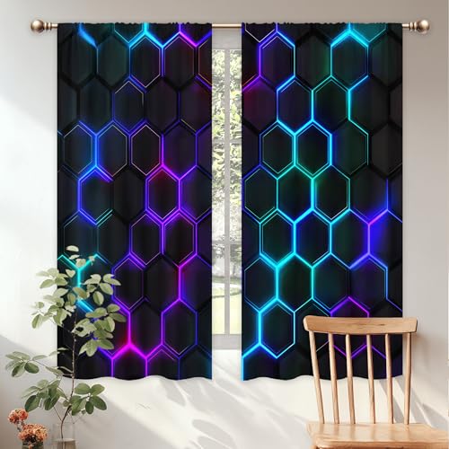 Mitpok Kids Black Neon Printed Curtains for Boys Bedroom 42Wx63H Inch Rod Pocket Cool Neon 3D Hexagon Geometric Modern Men Boy Game Room 2 Panel Window Treatment Set for Living Room Decor - Image 3