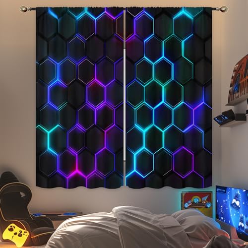 Mitpok Kids Black Neon Printed Curtains for Boys Bedroom 42Wx63H Inch Rod Pocket Cool Neon 3D Hexagon Geometric Modern Men Boy Game Room 2 Panel Window Treatment Set for Living Room Decor - Image 1