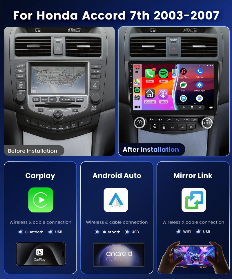 Podofo 4G+64G Radio for Honda Accord 7th 2003-2007 Car Stereo with Wireless Carplay Android Auto,10.1inch 1280x720P IPS Touch Screen,DSP 32EQ,5.0Bluetooth,RDS/FM Radio AHD Backup Camera GPS WiFi - Image 2