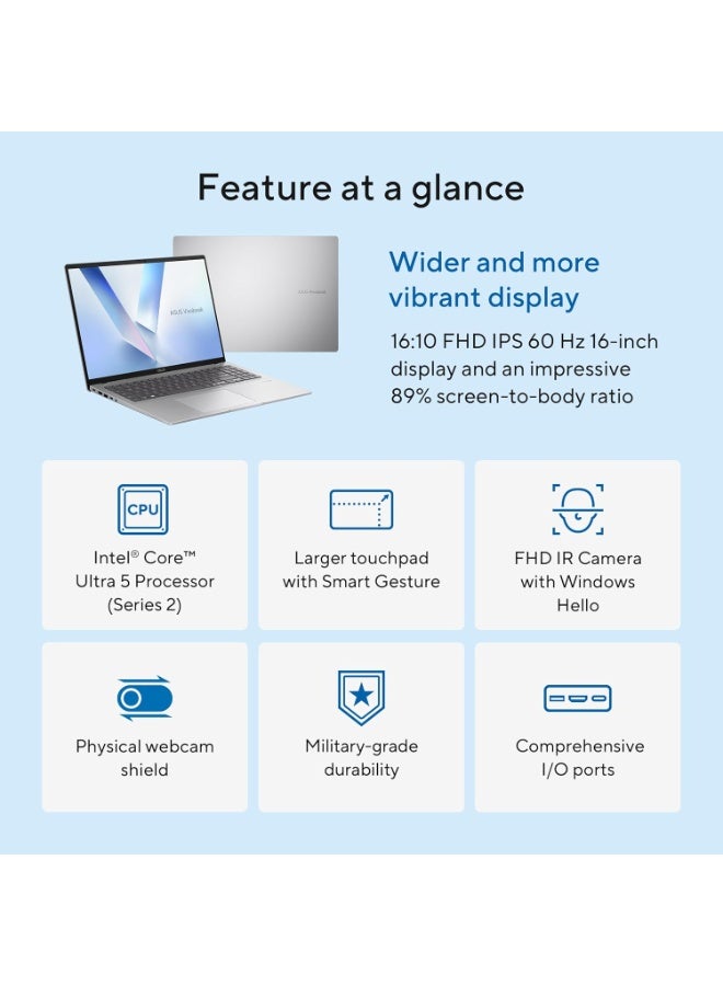أسوس ASUS Vivobook 16 Copilot+ PC Laptop, Snapdragon X X1-26-100 Processor, 16GB LPDDR5X RAM, 1TB PCIe Gen4 SSD, 16-Inch WUXGA IPS Display, Qualcomm Adreno Graphics, Backlit Keyboard, Windows 11 Home, Cool Silver English Cool Silver - Image 5