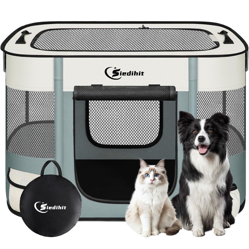 Siedihit Dog Cat Playpen, Pet Puppy Portable Playpens for Outdoor Travel Crate, Indoor After Surgery Use, Foldable Dog Kennel Tent for Rabbit or Small Animals with Tent Stakes(Grey, Middle) - Image 1