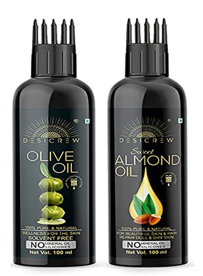 Desicrew Cold-Pressed Olive Oil & Almonds Hair Oil in Combo - Moisturizing & Healing, For Skin, Hair Care, Eyelashes (100 ml + 100 ml) With Applicator - Image 1