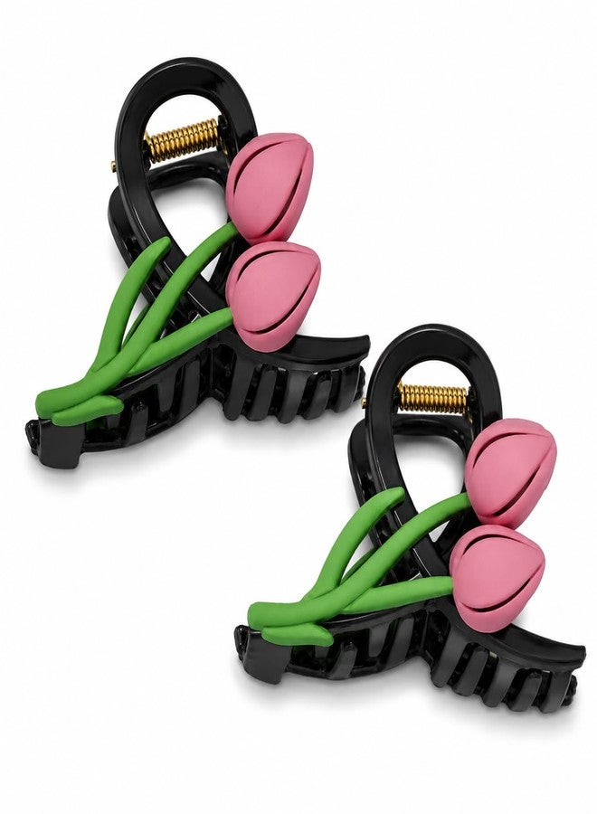 The Unbraided Tulip Floral Hair Claw Clips for Women | Matte Finish Flower Design | Strong Hold Acrylic Hair Clutcher for Thin to Medium Hair | Cute Everyday Hair Accessories | Pack of 2 (Pink) - Image 1