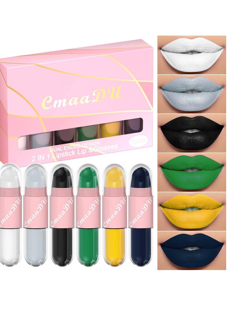 Excefore 6 Colors 2 in 1 Lipstick Lip Gloss, 12 Hours Long Lasting Smudge Proof Liquid Lipstick, Glamorous Personalized Color, White Grey Black Green Yellow Dark Blue Matte Lipstick - Image 3