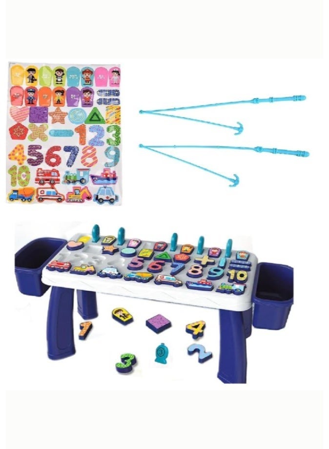 DAT 3-in-1 Early Education Activity Table with Number & Shape Puzzles and Side Storage Bins, 54.5CM, Navy Blue - Image 2