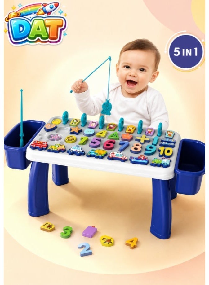 DAT 3-in-1 Early Education Activity Table with Number & Shape Puzzles and Side Storage Bins, 54.5CM, Navy Blue - Image 1