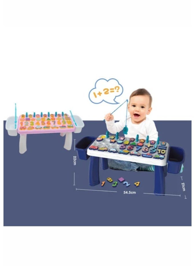 DAT 3-in-1 Early Education Activity Table with Number & Shape Puzzles and Side Storage Bins, 54.5CM, Navy Blue - Image 3