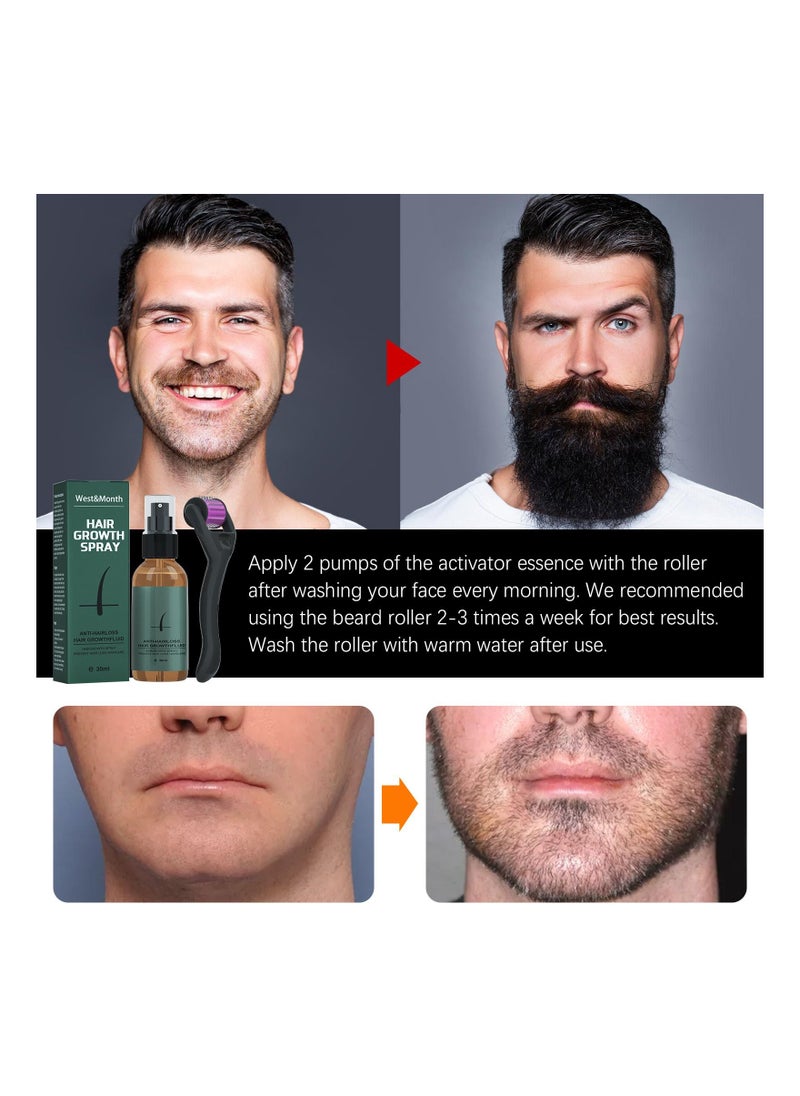 West&Month - Beard Growth Spray Set for Men Nourishing Moisturizing Moustache Growth Enhancer Anti Hair Loss Care Serum with Beard Roller - Image 1