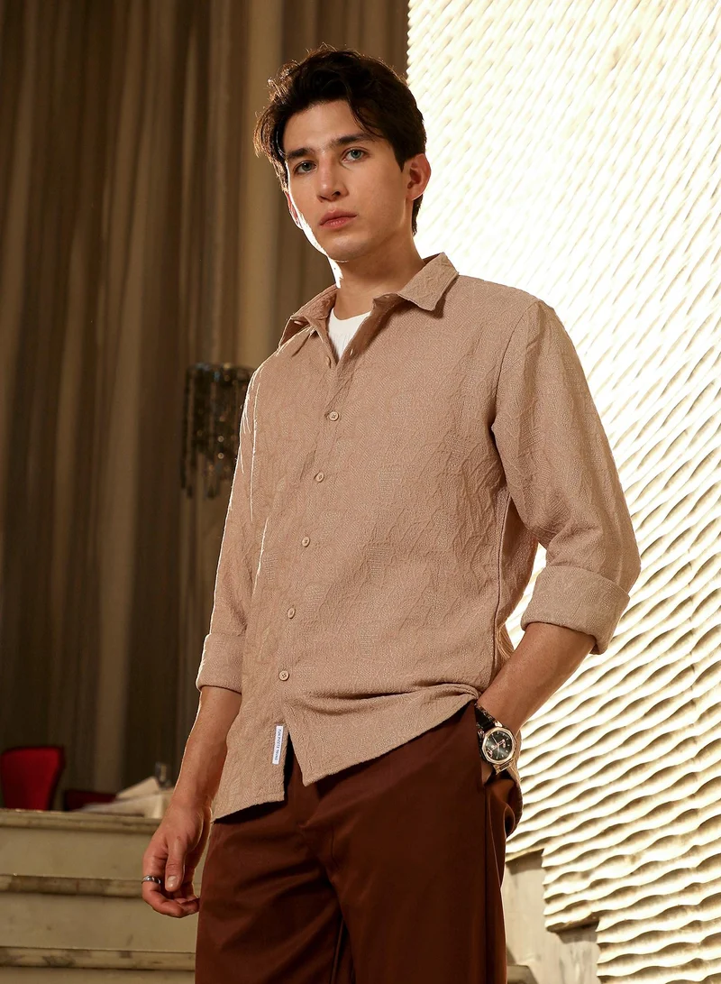 Campus Sutra Campus Sutra Men's Sand Beige Geo-Abstract Jacquard Shirt | Spread Collar , Long  Cuffed Sleeves , Button Closure | Solid Jacquard | Cotton-Blend Shirt For Casual Wear