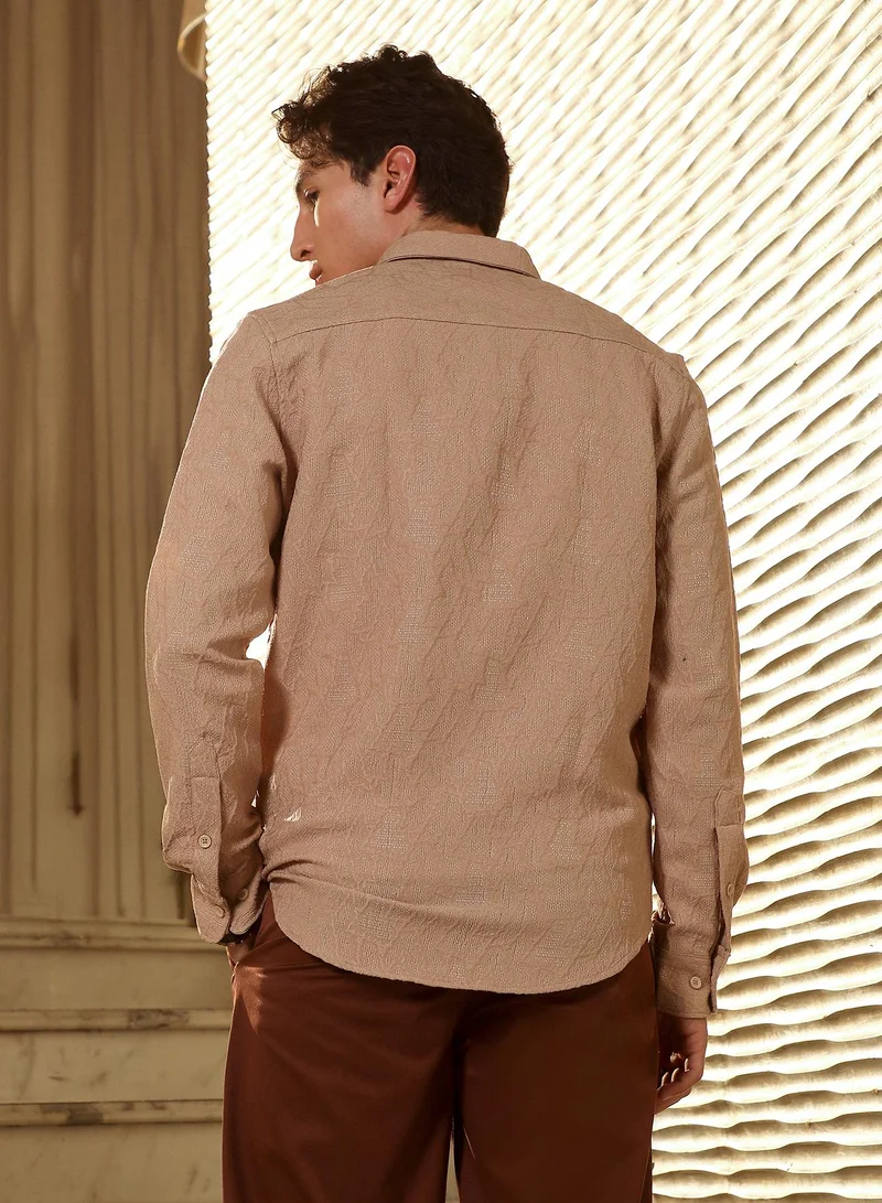 Campus Sutra Campus Sutra Men's Sand Beige Geo-Abstract Jacquard Shirt | Spread Collar , Long  Cuffed Sleeves , Button Closure | Solid Jacquard | Cotton-Blend Shirt For Casual Wear