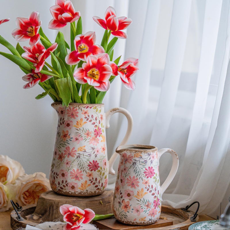 Teweiqi Retro Rustic Large Ceramic Vase with Handle, Distressed Farmhouse Pitcher for Home, Ideal Shelf Decor, Colorful Daisy Floral Vase for Living Room Bedroom Office Table Centerpiece Decorations 9 Inch - Image 5