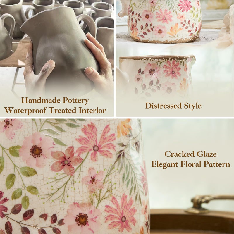 Teweiqi Retro Rustic Large Ceramic Vase with Handle, Distressed Farmhouse Pitcher for Home, Ideal Shelf Decor, Colorful Daisy Floral Vase for Living Room Bedroom Office Table Centerpiece Decorations 9 Inch - Image 3
