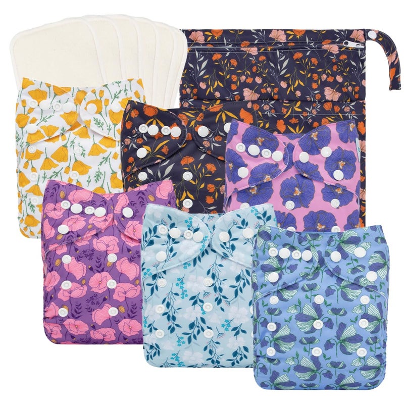 babygoal Reusable Cloth Diapers 6 Pack+6pcs Inserts+Wet Bag, One Size Adjustable Washable Pocket Nappy Covers for Baby Girls and Boys-Rash Free - Image 1