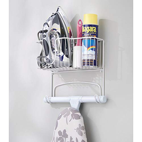 mDesign Wall Mounted Ironing Board Holder Steel Ironing Board Rack for Easy Organisation includes Basket for Iron Storage White - Image 3