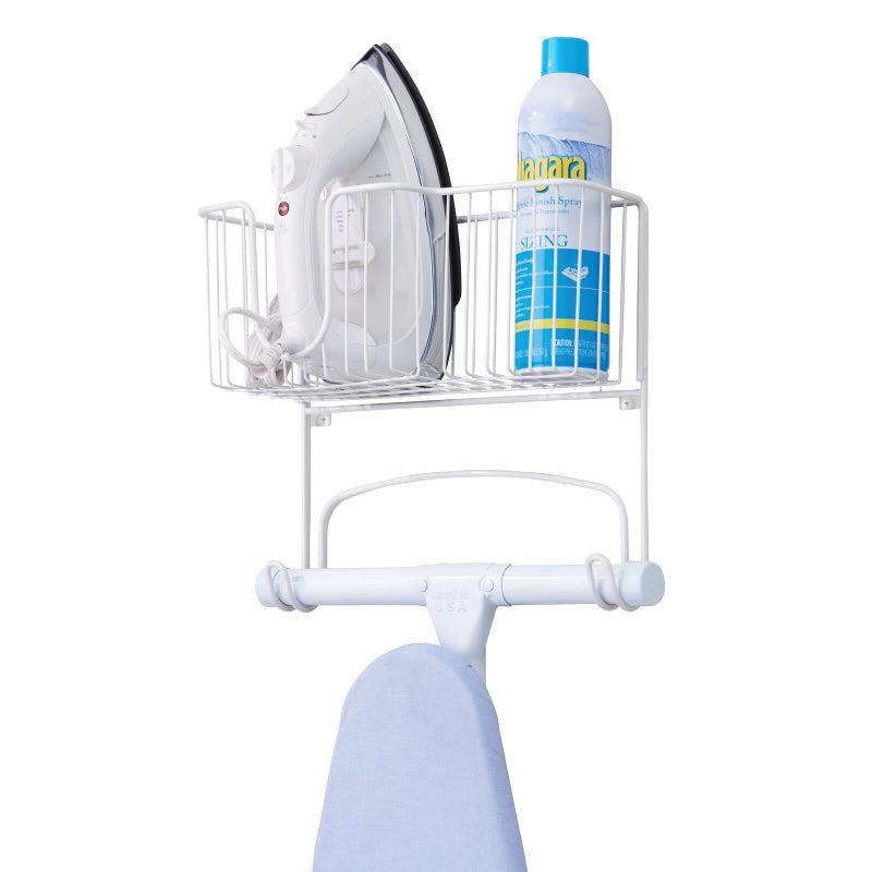 mDesign Wall Mounted Ironing Board Holder Steel Ironing Board Rack for Easy Organisation includes Basket for Iron Storage White - Image 2