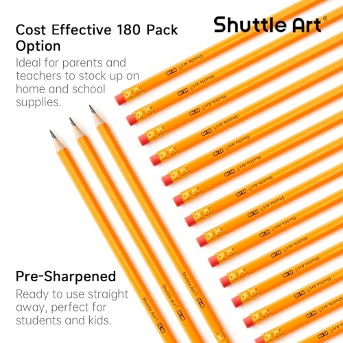 Shuttle Art WoodCased 2 HB Pencils 180 Pack Sharpened Yellow Pencil with Erasers Bulk Pack Graphite Pencils for School and Teacher Supplies Writing Drawing and Sketching - Image 3