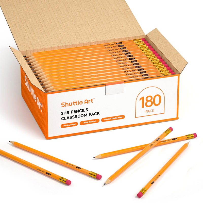 Shuttle Art WoodCased 2 HB Pencils 180 Pack Sharpened Yellow Pencil with Erasers Bulk Pack Graphite Pencils for School and Teacher Supplies Writing Drawing and Sketching - Image 2