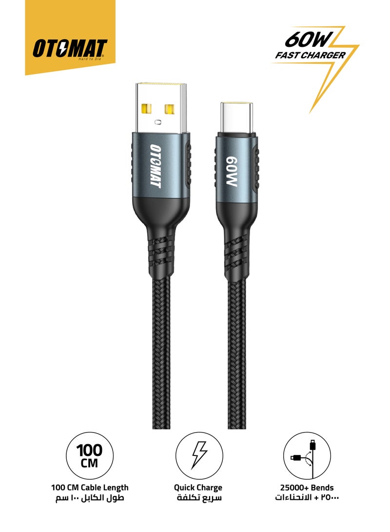 OTOMAT 60W Fast Charging USB to Type C Cable 1M – High-Speed Data Transfer, Nylon Braided, Aluminum Alloy for iPhone, iPad, Samsung Galaxy, MacBook Pro, Huawei MateBook X Pro, Nintendo Switch, Laptops – Black - Image 1