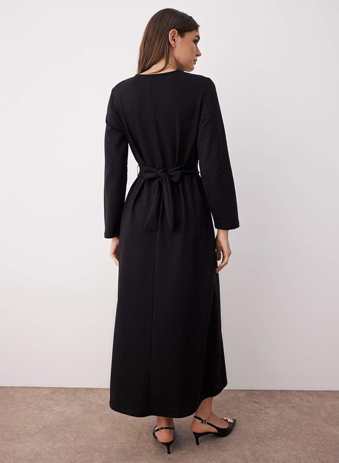 trendyol Black Unlined Plain Knitted Soft Button Interlock Hijab Dress - Image 4