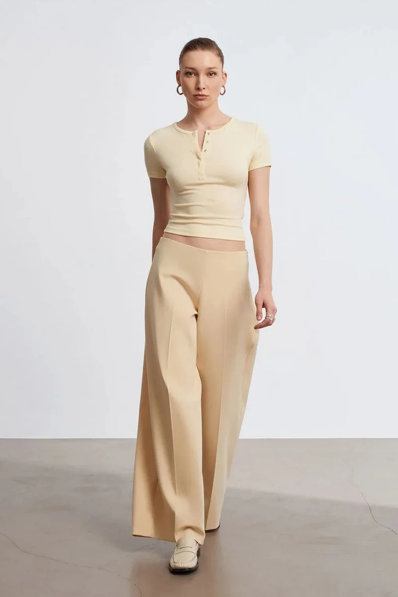 Dilvin Beige Natural DILVIN High-Waist Wide-Leg Crepe Trousers for Women | Best Price UAE