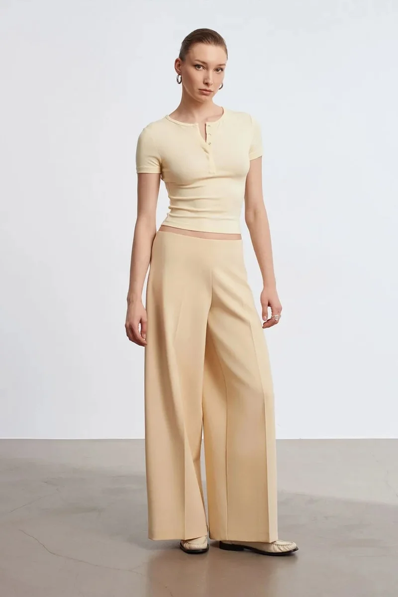 Dilvin Beige Natural DILVIN High-Waist Wide-Leg Crepe Trousers for Women | Best Price UAE