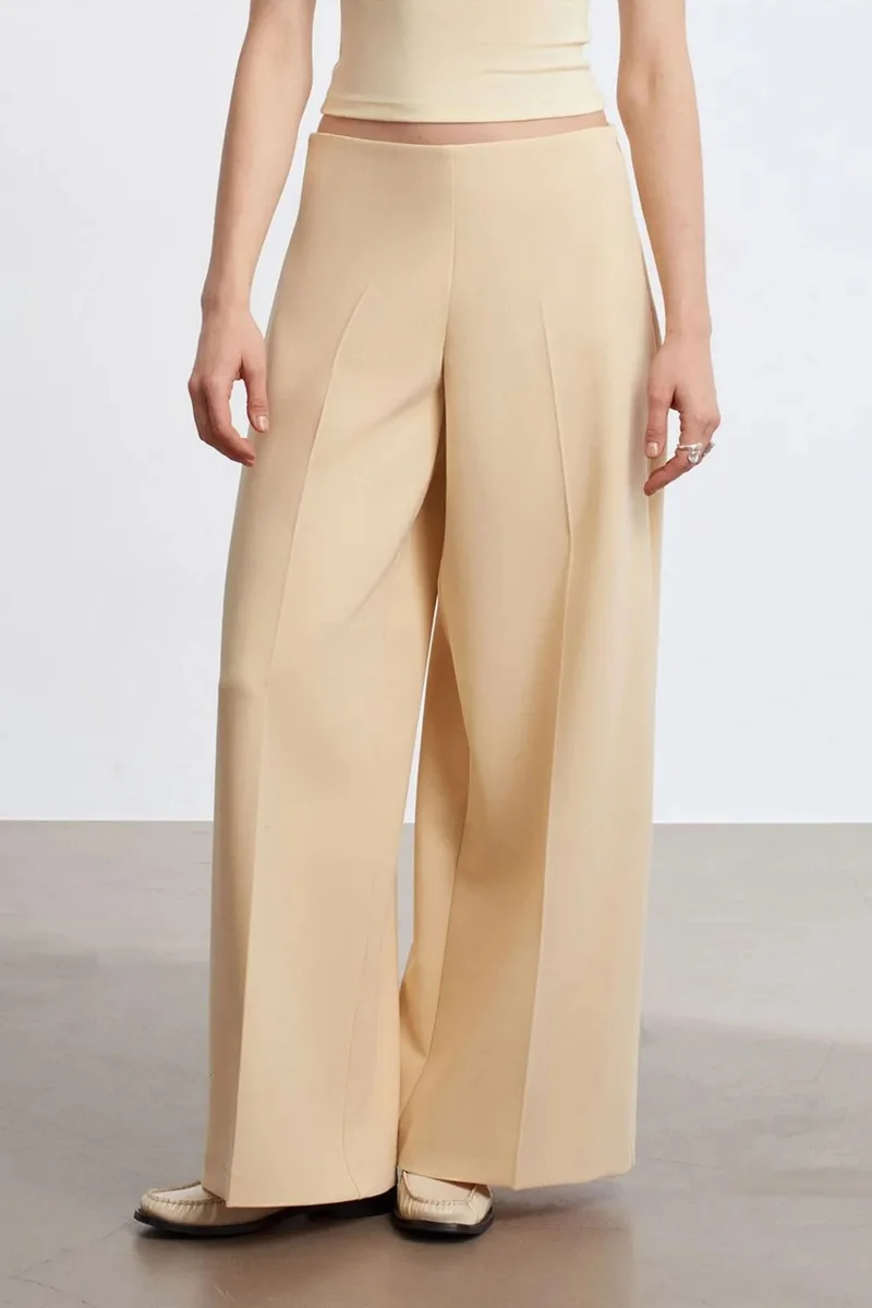 Dilvin Beige Natural DILVIN High-Waist Wide-Leg Crepe Trousers for Women | Best Price UAE