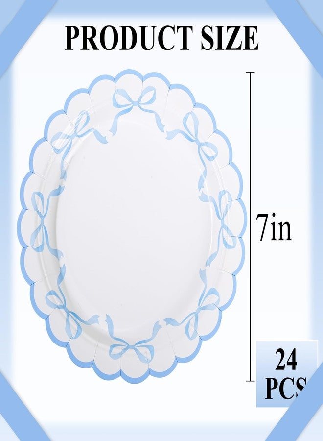 Elyxio 24Pcs Blue Bow Paper Plates Coquette Disposable Party Plates Scalloped Bowknot 7" Dessert Plate for Birthday Bridal Baby Shower Tableware Supply Table Decor - Image 2