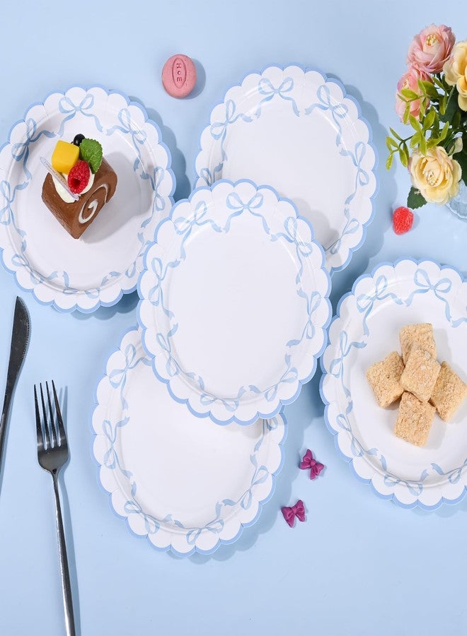 Elyxio 24Pcs Blue Bow Paper Plates Coquette Disposable Party Plates Scalloped Bowknot 7" Dessert Plate for Birthday Bridal Baby Shower Tableware Supply Table Decor - Image 3