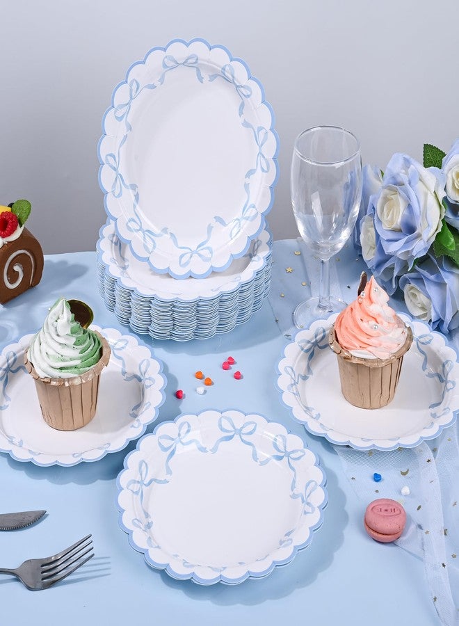 Elyxio 24Pcs Blue Bow Paper Plates Coquette Disposable Party Plates Scalloped Bowknot 7" Dessert Plate for Birthday Bridal Baby Shower Tableware Supply Table Decor - Image 5
