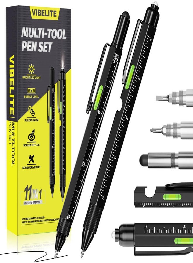 VIBELITE 11 in 1 Multitool Pen Set with LED, Stylus, Level, Screwdriver, Flathead, Gifts for Men, Him, Dad, Father, Teen Boys, Husband, Women, Mens Gifts from Daughter, Wife, Son, Black, 2 Pack - Image 1