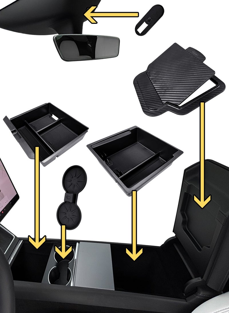 CHIYLE CHIYLE 5Pcs Center Console Organizer Tray for 2025 Tesla Model Y Juniper & 2024 2025 Model 3 Highland, Armrest Hidden Drawer Storage Box Cup Holder, Model Y juniper & Model 3 Highland Accessories 2025  - Image 3