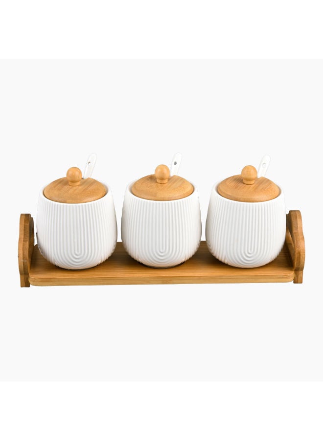 Zinnia Set Of 3 Sugar Bowls With Spoon Wooden Lid And Wooden Stand