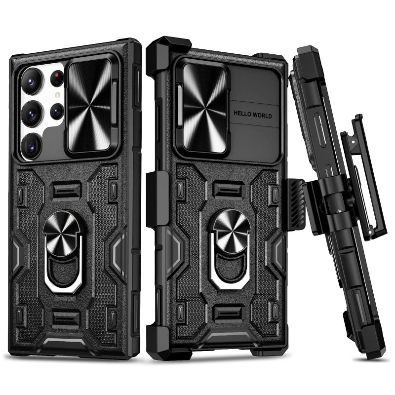 VEGO for Galaxy S23 Ultra Case with Kickstand, Slide Camera Lens Protector & Rugged Belt Clip Holster Full-Body Drop Tested Protective Cover for Samsung S23Ultra 6.8 Inch - Black - Image 1