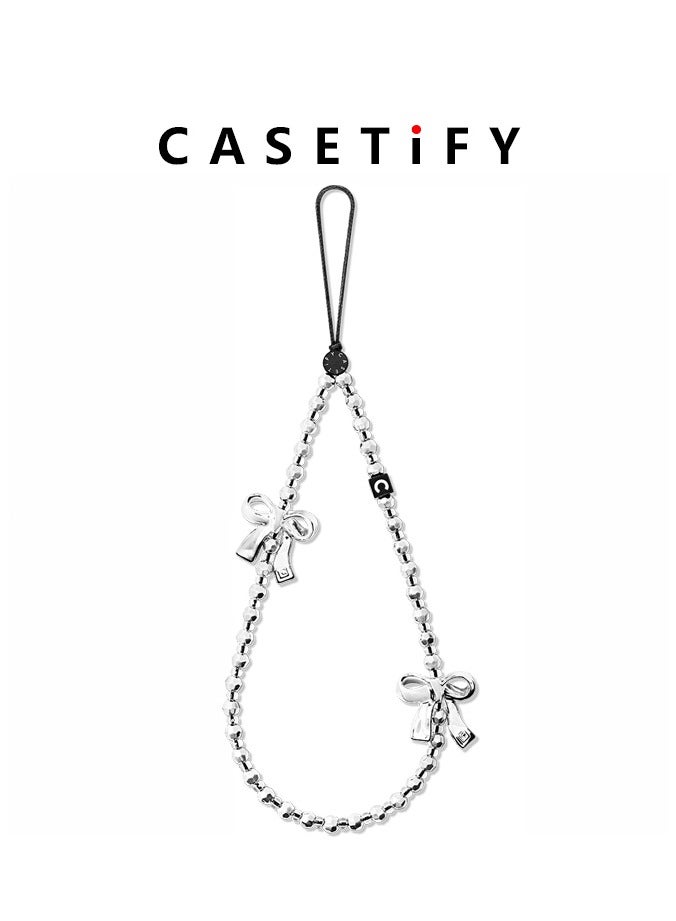 Casetify Silver Metal Bow Phone Charm, Silver Beaded Wrist Chain with 2 Solid Bowknot, Minimalist Trendy Women Phone Lanyard Strap - Image 1