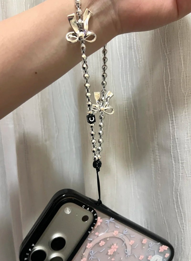 Casetify Silver Metal Bow Phone Charm, Silver Beaded Wrist Chain with 2 Solid Bowknot, Minimalist Trendy Women Phone Lanyard Strap - Image 3