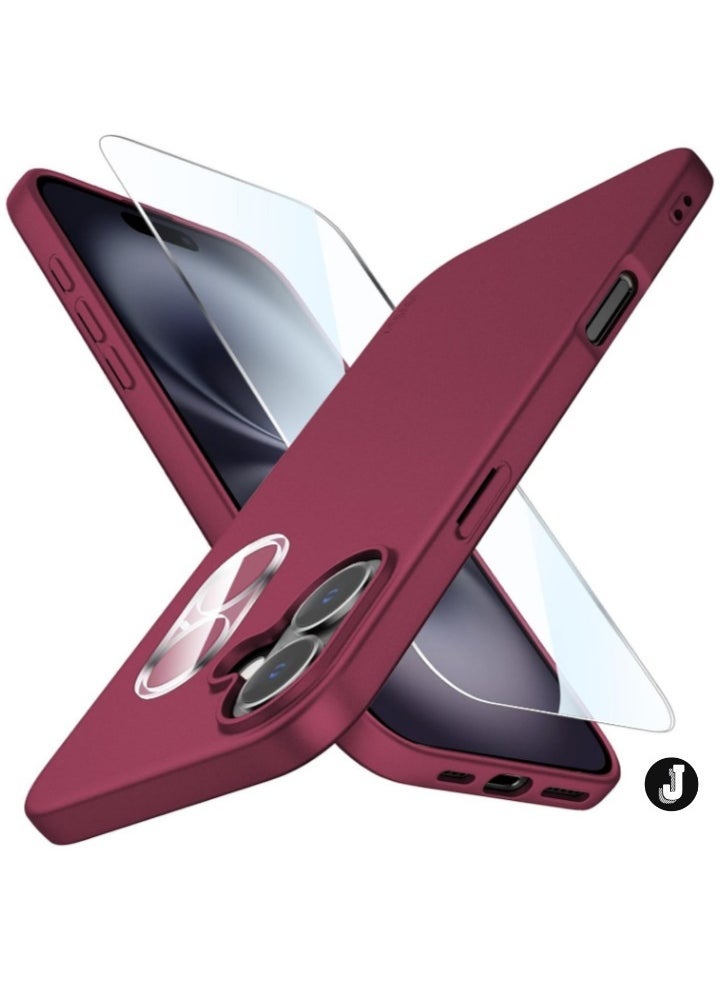 JAJEEK "Ultra-Thin Matte Wine Red iPhone 16 Case – Shockproof, Anti-Scratch with Lens & Screen Protectors" - Image 1