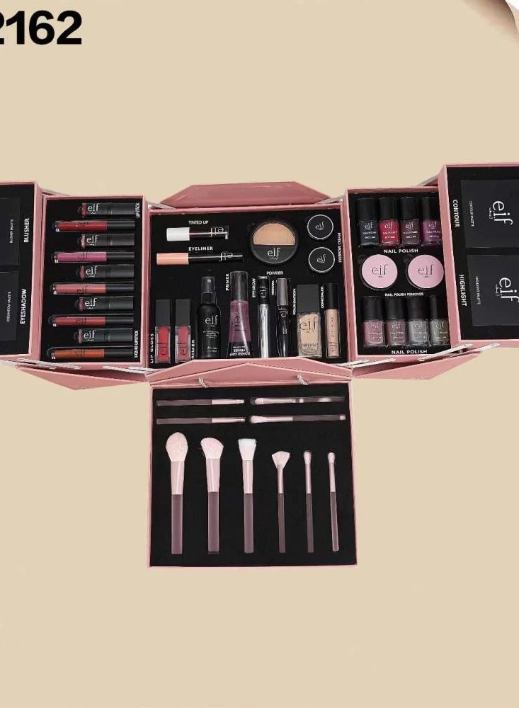 e.I.f e.l.f Deluxe Full Makeup Kit | Multi-Layer 85+ PCS Cosmetic Box with Eyeshadows, Lipsticks, Nail Polishes, Contour, Highlighter & Professional Brushes | Premium Quality Gift Set , Pink Color - Image 4