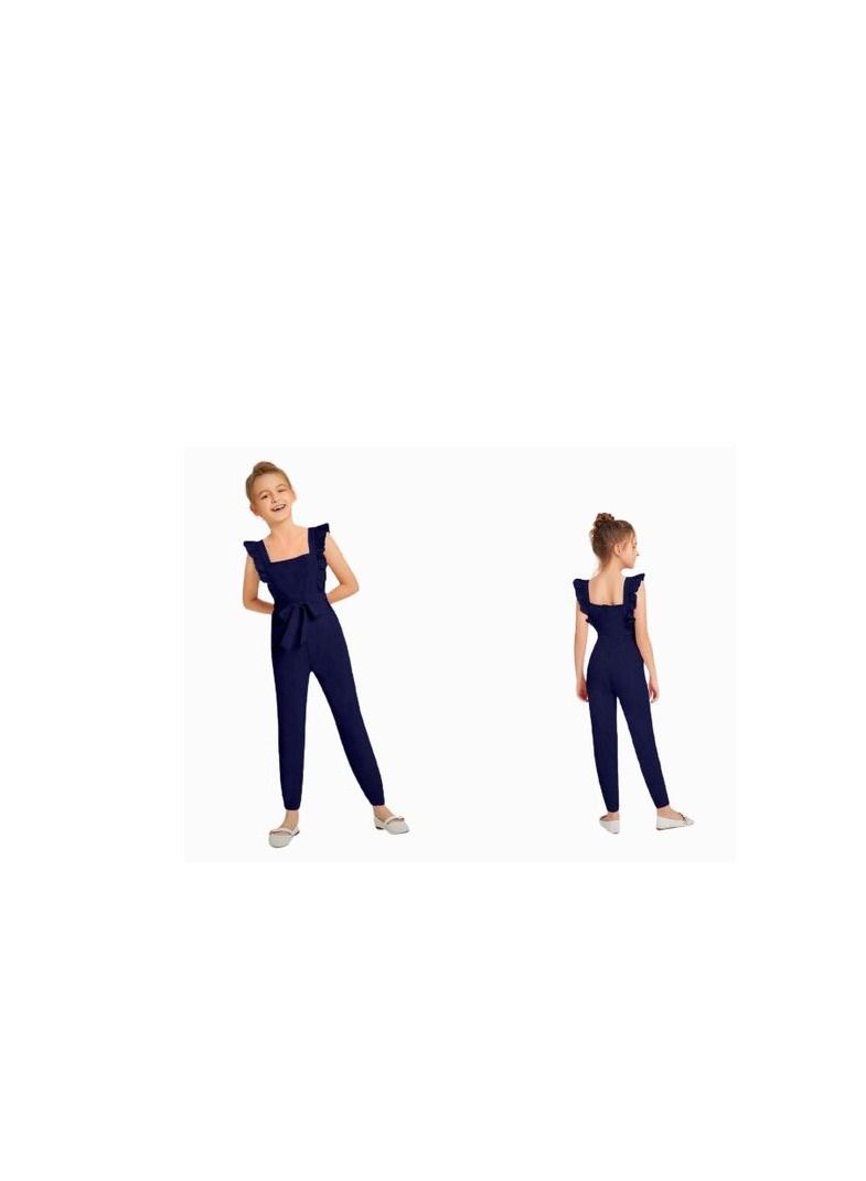 Girls Button Front Shirred Waist Jumpsuit 