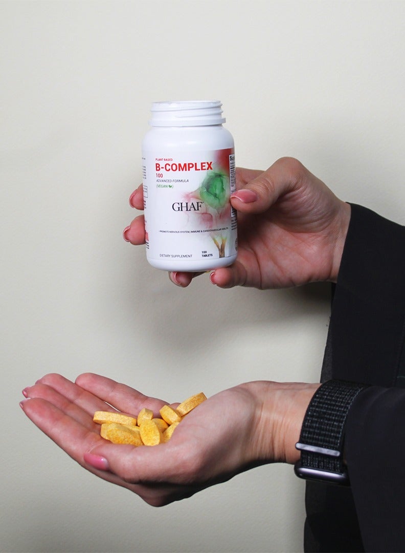 GHAF Plant Based B-COMPLEX Advanced Formula (Vegan), with B6, B12, Thiamin, Folate, Vitamin B6, Biotin, Pantothenic Acid, Choline and Fruit & Vegetable Blend - 30 Tablets Pack - Image 5