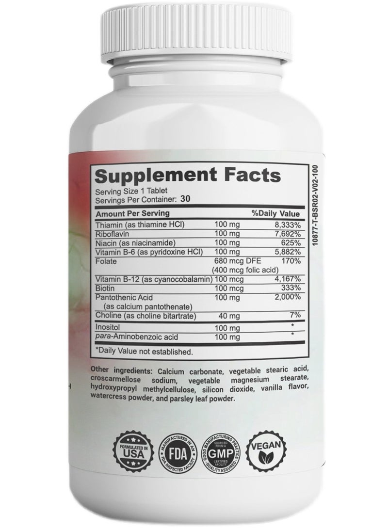 GHAF Plant Based B-COMPLEX Advanced Formula (Vegan), with B6, B12, Thiamin, Folate, Vitamin B6, Biotin, Pantothenic Acid, Choline and Fruit & Vegetable Blend - 30 Tablets Pack - Image 2