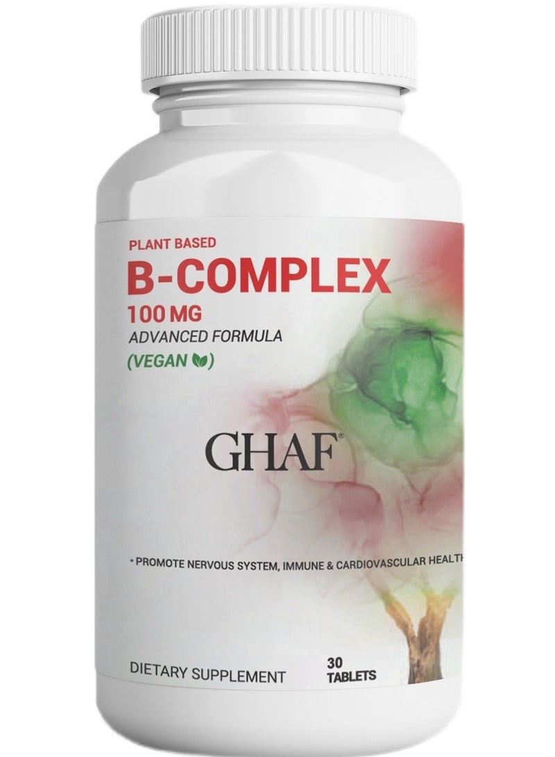 GHAF Plant Based B-COMPLEX Advanced Formula (Vegan), with B6, B12, Thiamin, Folate, Vitamin B6, Biotin, Pantothenic Acid, Choline and Fruit & Vegetable Blend - 30 Tablets Pack - Image 1