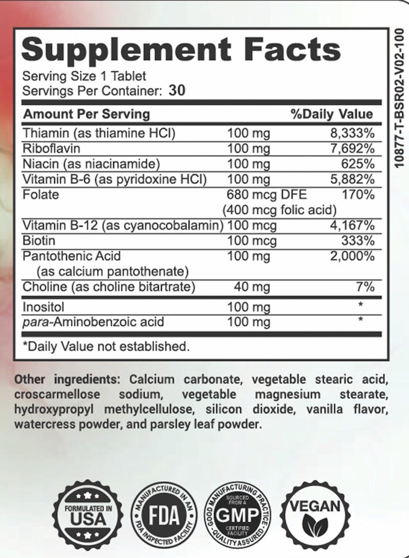 GHAF Plant Based B-COMPLEX Advanced Formula (Vegan), with B6, B12, Thiamin, Folate, Vitamin B6, Biotin, Pantothenic Acid, Choline and Fruit & Vegetable Blend - 30 Tablets Pack - Image 3