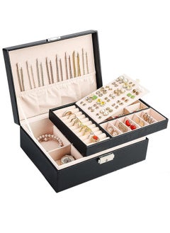 RollsTimi  Jewelry Box For Women Girls,2 Layers Jewelry Organizer Container with Lock,PU Leather Storage Case with Removable Tray,Jewelry Display Holder For Necklaces Earrings Bracelets Rings Watches,Black  - Image 1